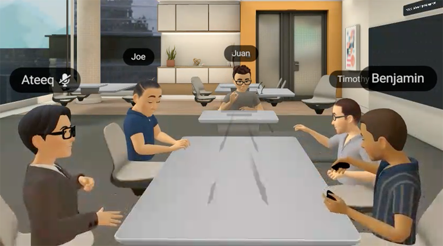 Five avatars in a VR classroom.